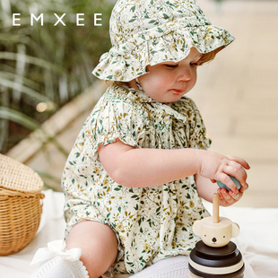 嫚熙女童短袖短裤夏季套装北欧儿童复古法式柔软透气吸湿婴儿衣服