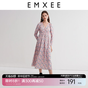 EMXEE嫚熙孕妇连衣裙春季 孕妇装 休闲碎花连身衣孕期专用V领时尚