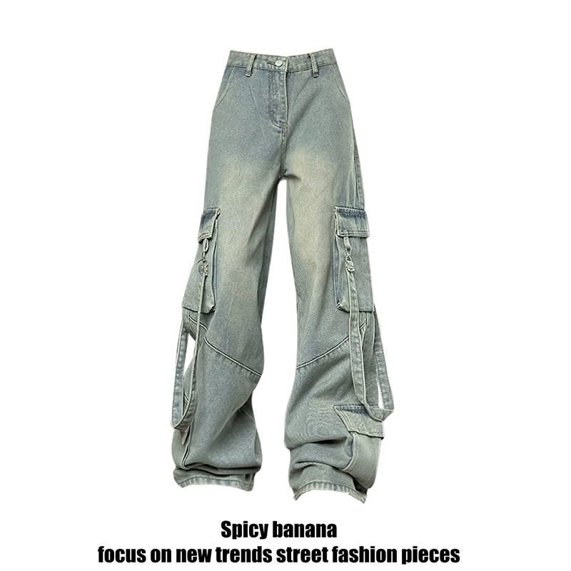 大码美式多口袋工装阔腿牛仔裤女