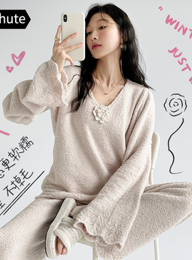 睡衣女秋冬款高级感甜美慵懒风立体山茶花可外穿女家居服保暖套装