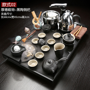 玻璃烧水创意功夫茶台茶海桌面 乌金石流水雾化石头盘家用茶具套装