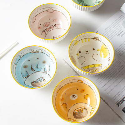 日式陶瓷饭碗家用卡通小碗动物汤碗儿童吃饭碗可爱早餐碗餐具套装