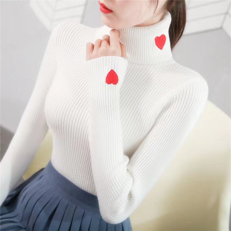 2025春秋新款高领毛衣洋气百搭爱心刺绣修身针织打底衫长袖上衣女