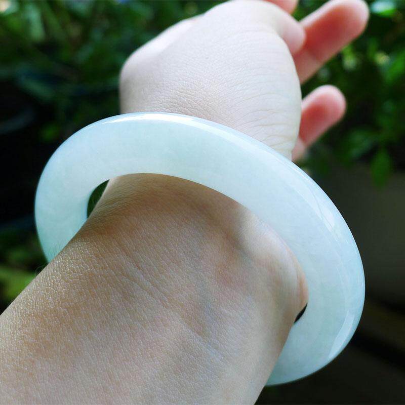 天然A货缅甸翡翠手镯冰糯种白月光微晴水大胖圆条玉镯子54.4号