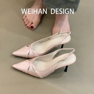 羊皮版!法式仙女高跟鞋配裙气质优雅镂空尖头浅口细跟后空凉鞋