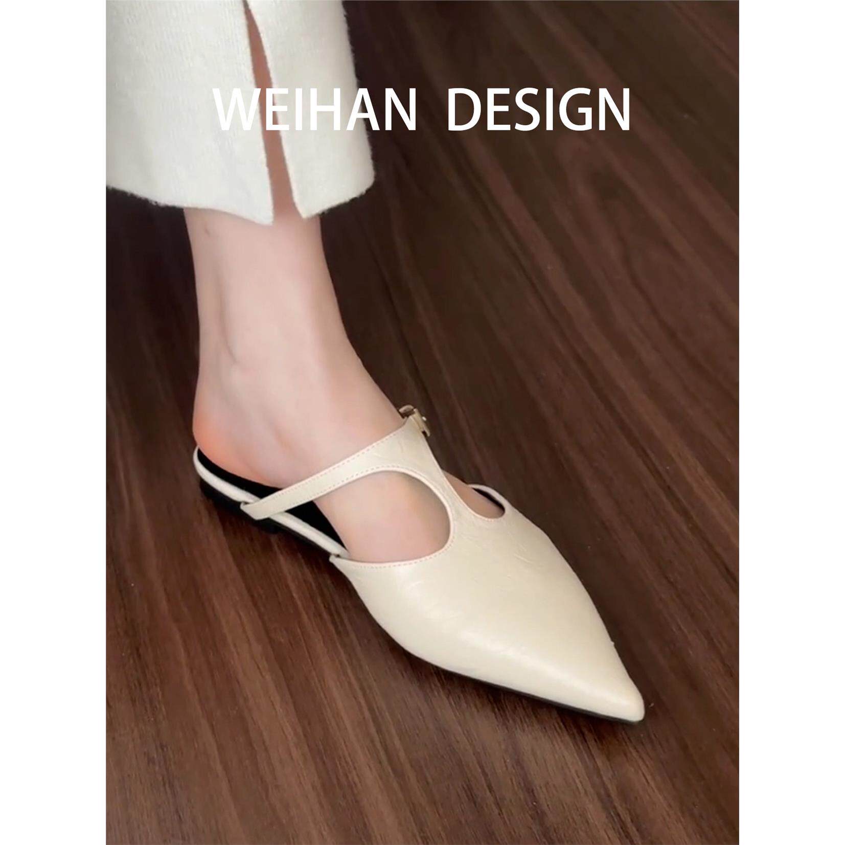 羊皮版！尖头气质平底包头半拖鞋一脚蹬百搭气质夏季新款显瘦凉拖