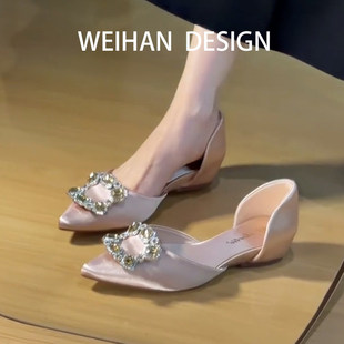 羊皮版!粉色缎面中空平底单鞋水钻尖头玛丽珍鞋不累脚内增高瓢鞋