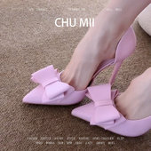 气质名媛风蝴蝶结高跟鞋 女真皮细跟尖头包鞋 法式 羊皮版 侧空凉鞋