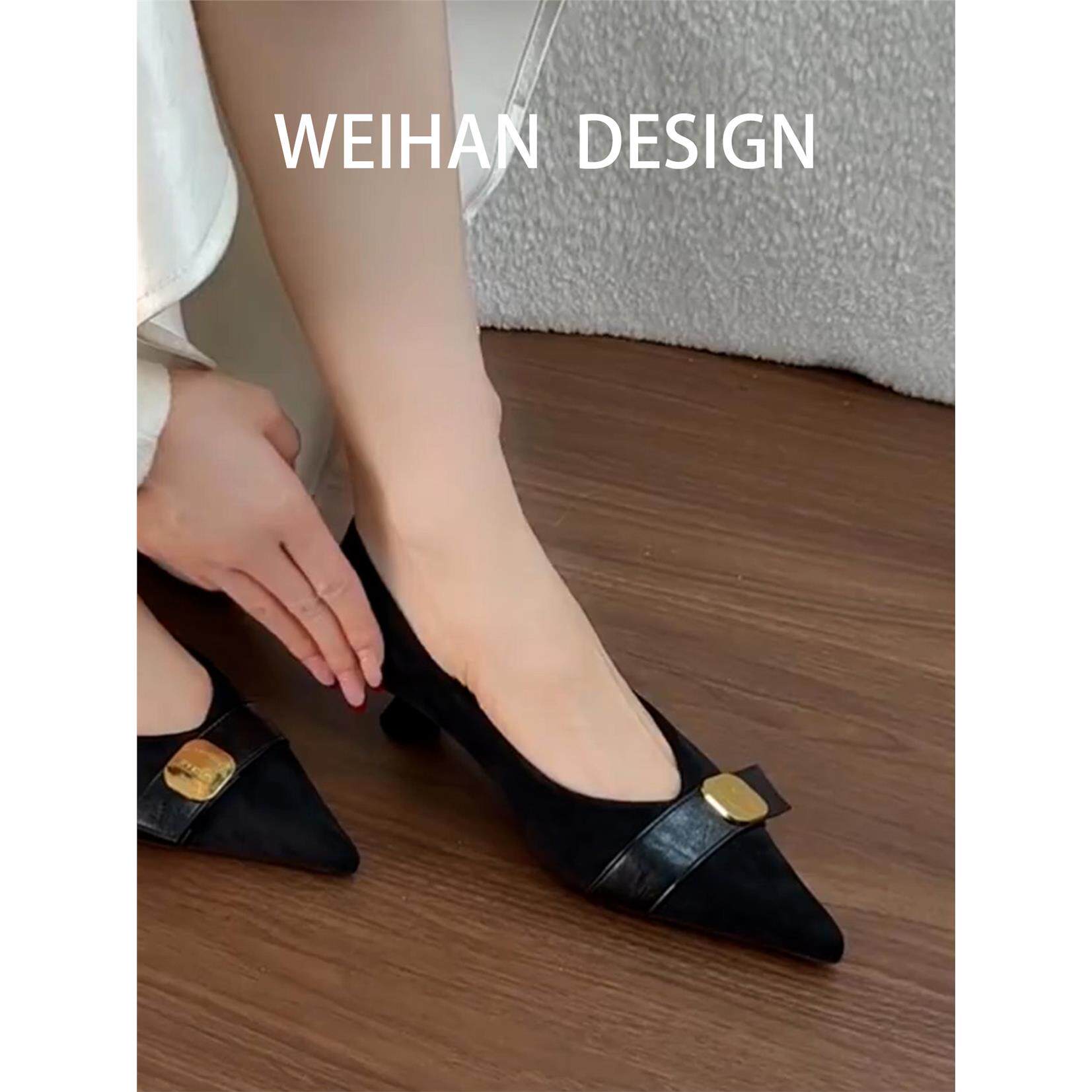 羊皮版！金属扣蝴蝶结猫跟高跟鞋尖头气质浅口单鞋职业黑色工作鞋