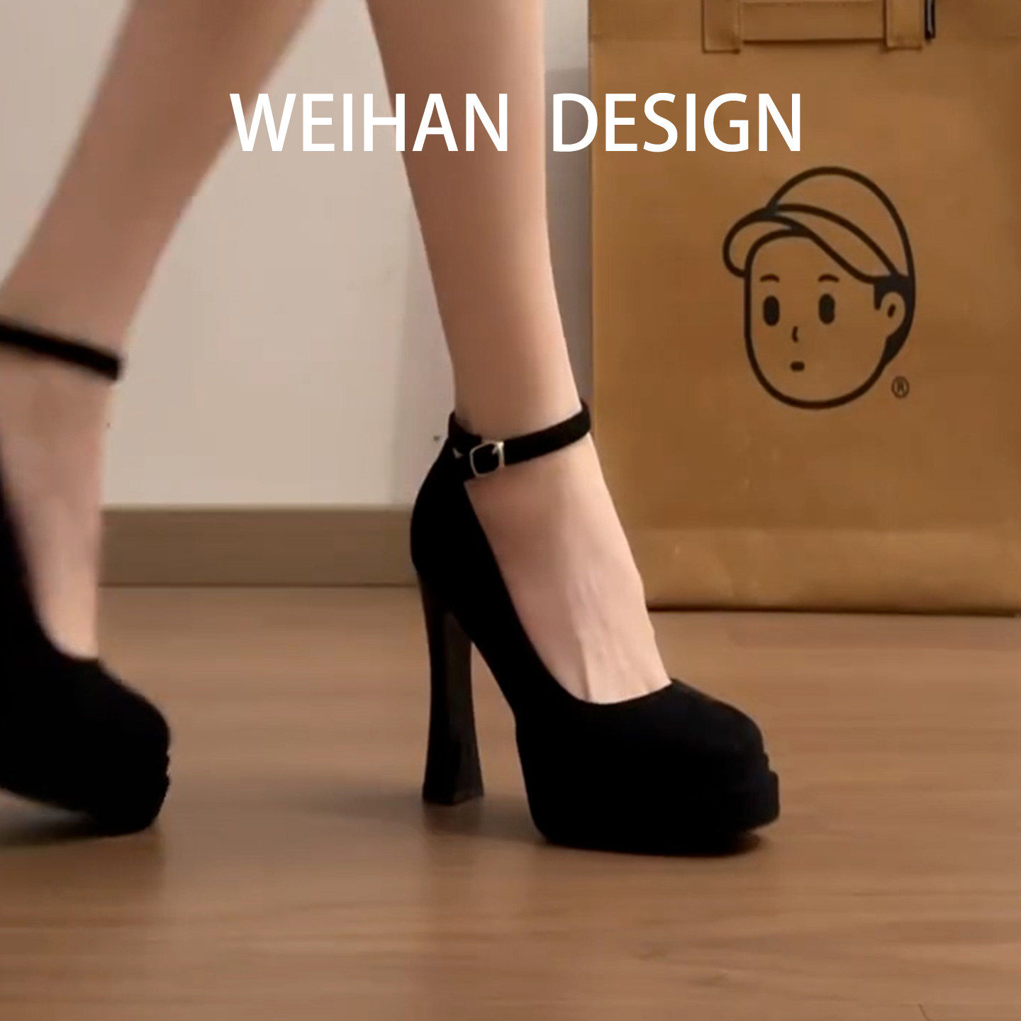 羊皮版！黑色高跟鞋女绒面气质小个子防水台厚底单鞋粗跟玛丽珍鞋