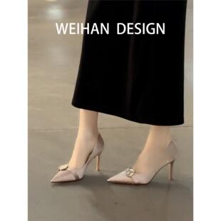 羊皮版！水钻绝美尖头细跟高跟鞋不累脚高级感气质宴会配裙子单鞋