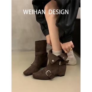 羊皮版 短靴女小方头皮带扣西部靴绒面两穿靴子 小众设计复古法式