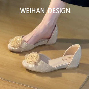 羊皮版！巨漂亮花朵内增高单鞋春夏仙女风配裙子平底侧空包头凉鞋