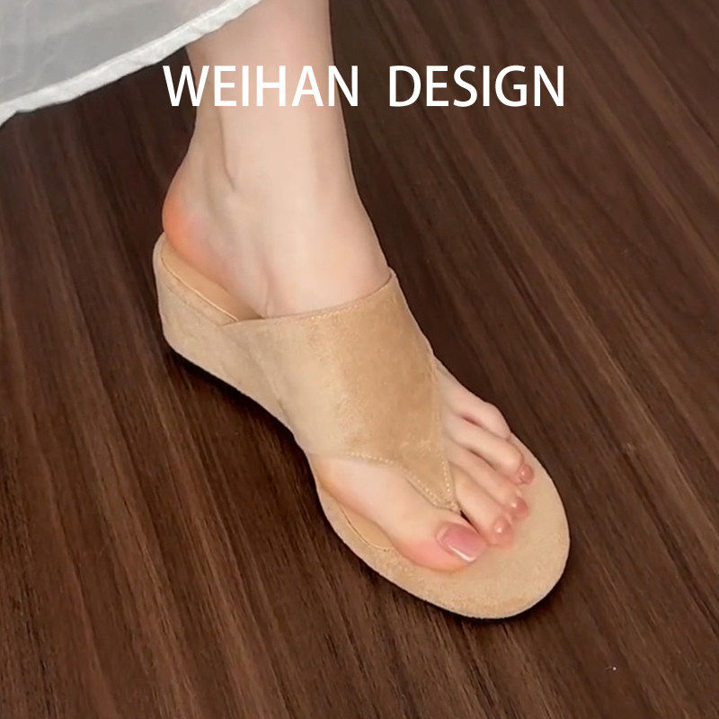 羊皮版！厚底增高夹脚人字拖鞋女外穿夏季坡跟凉拖鞋复古高跟凉鞋