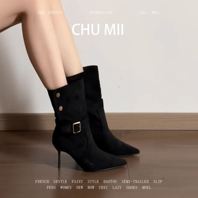 性感尖头复古细跟短靴女