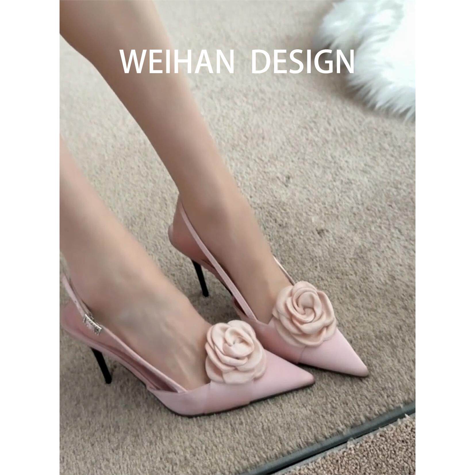 羊皮版！法式尖头高跟凉鞋女细跟一字带绸缎花朵高级感不累脚单鞋