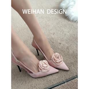 羊皮版！法式尖头高跟凉鞋女细跟一字带绸缎花朵高级感不累脚单鞋
