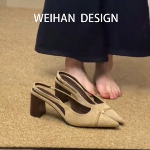 羊皮版!气质粗跟包头凉鞋子女春夏款外穿尖头浅口高跟鞋绒面凉鞋