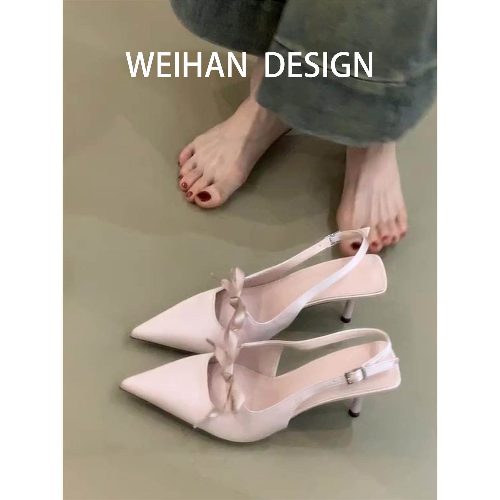羊皮版！绸缎尖头包头凉鞋女蝴蝶结细跟浅口一字带仙女风高跟单鞋