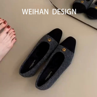 羊皮版！山茶花拼接毛呢单鞋女内增高加绒玛丽珍鞋小香风晚晚棉鞋