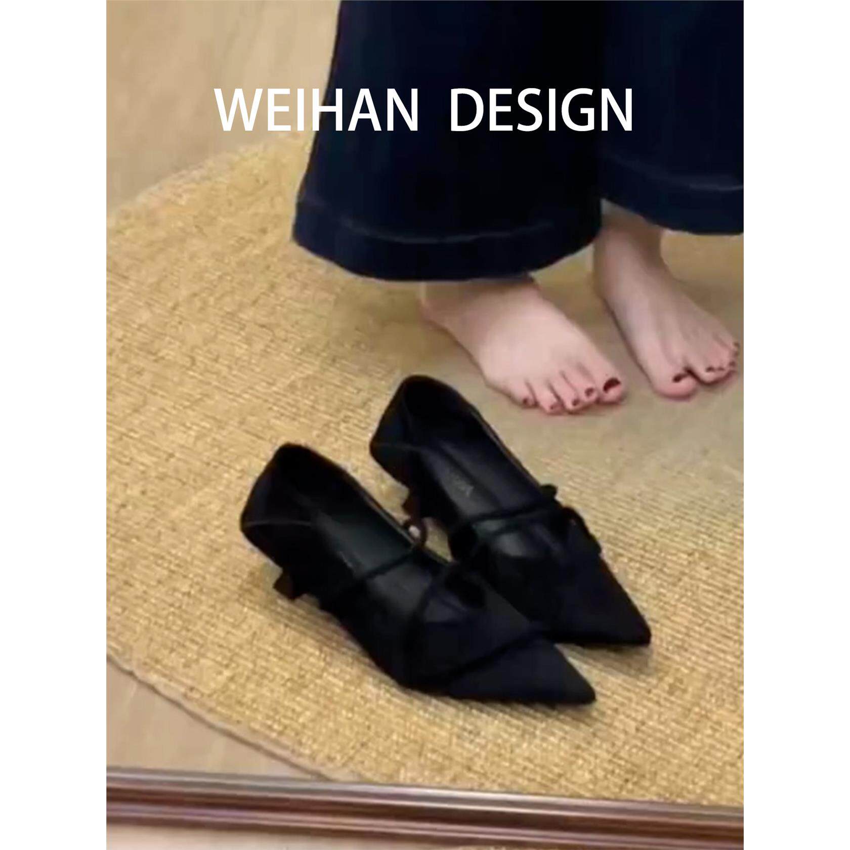 羊皮版！日常通勤尖头浅口细跟单鞋女时尚百搭高跟鞋小猫跟晚晚鞋