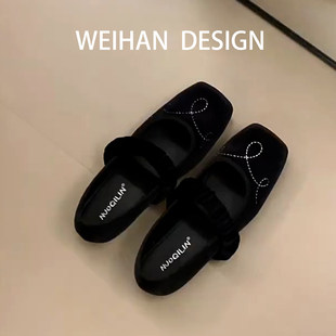 羊皮版！复古方头芭蕾舞晚晚单鞋女春季绒面软底不累脚通勤奶奶鞋