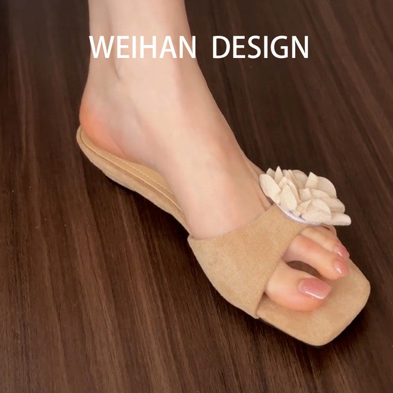 羊皮版！复古玫瑰花一字拖女外穿方头露趾夏季穆勒拖低跟绒面凉拖