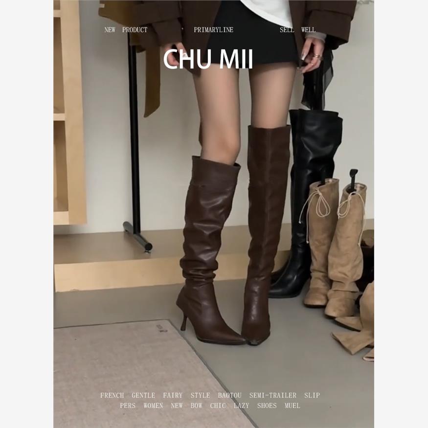 复古棕色细跟长筒骑士靴女