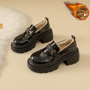 厚底漆皮乐福鞋女款2025冬季新款加绒保暖棉鞋一脚蹬英伦风小皮鞋