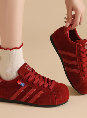 复古百搭红色德训鞋女2025秋季爆款隐形内增高女鞋4CM软底阿甘鞋