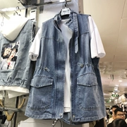 Thời trang thu đông châu Âu mới 2019 eo nữ giảm béo phần dài áo khoác denim + áo thun - Áo vest