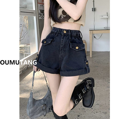 胖mm夏季黑色卷边牛仔短裤女特大码高腰宽松阔腿裤a字设计感短裤