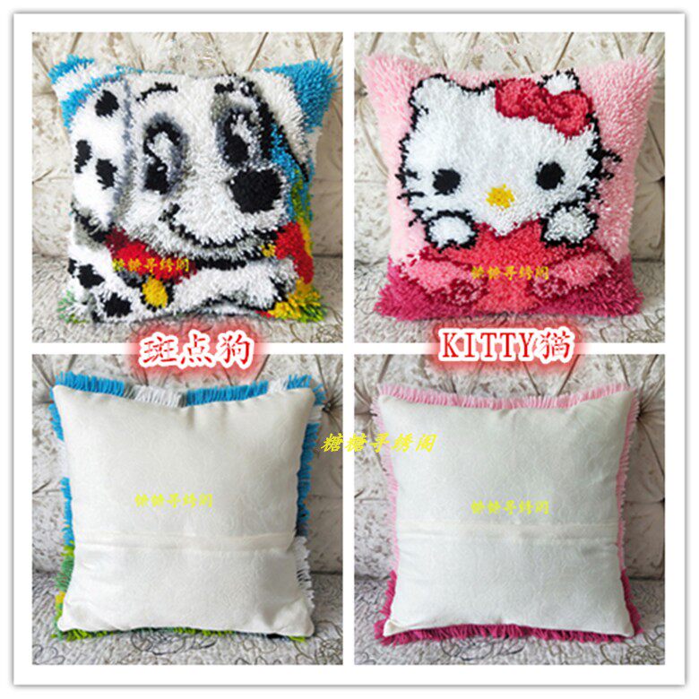 包邮手工十字绣毛线段段绣成品抱枕斑点狗KITTY猫方枕腰枕 绣好的