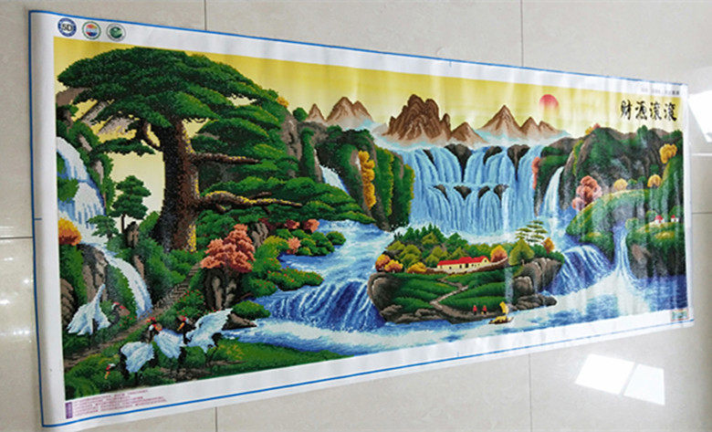 包邮手工钻石十字绣成品5D魔方钻迎客松财源滚滚流水生财已贴好的