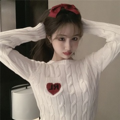 實拍！春愛心印花麻花毛衣女寬鬆套頭白色針織打底上衣潮