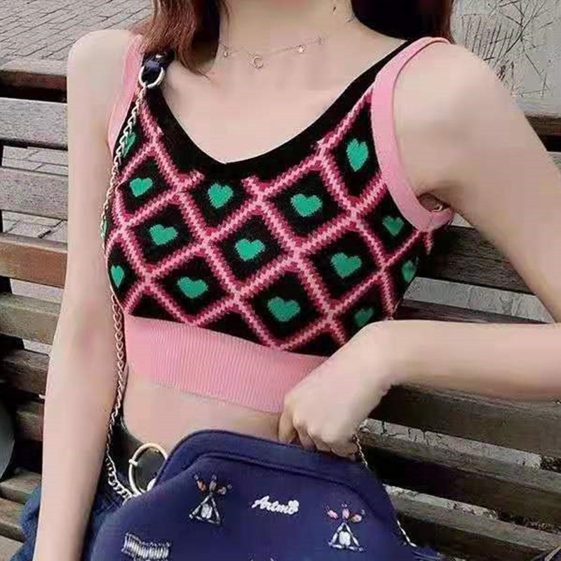 New style knitted inside with small sling, sleeveless sweet pink vest, women's summer wear navel Korean top