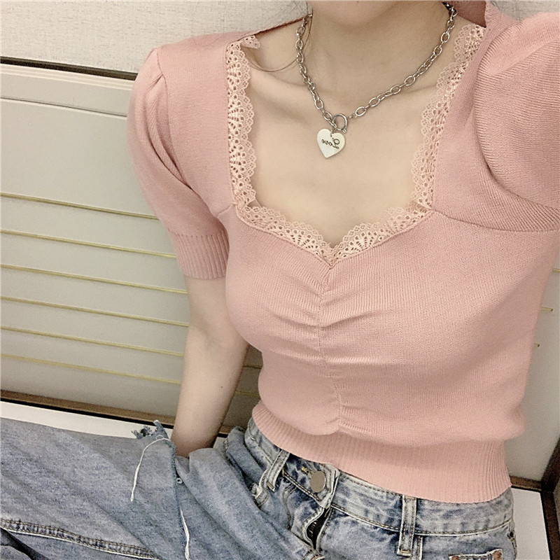 Real price lace stitched bubble sleeve Knitted Top