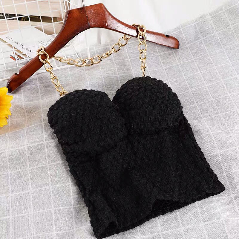 Real shot hanging neck chain sexy sleeveless top with short suspender vest for tight bra