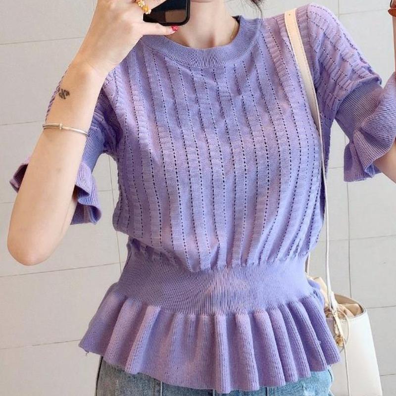 New smart fashion knitwear women's round neck short sleeve waist slim and versatile slim top