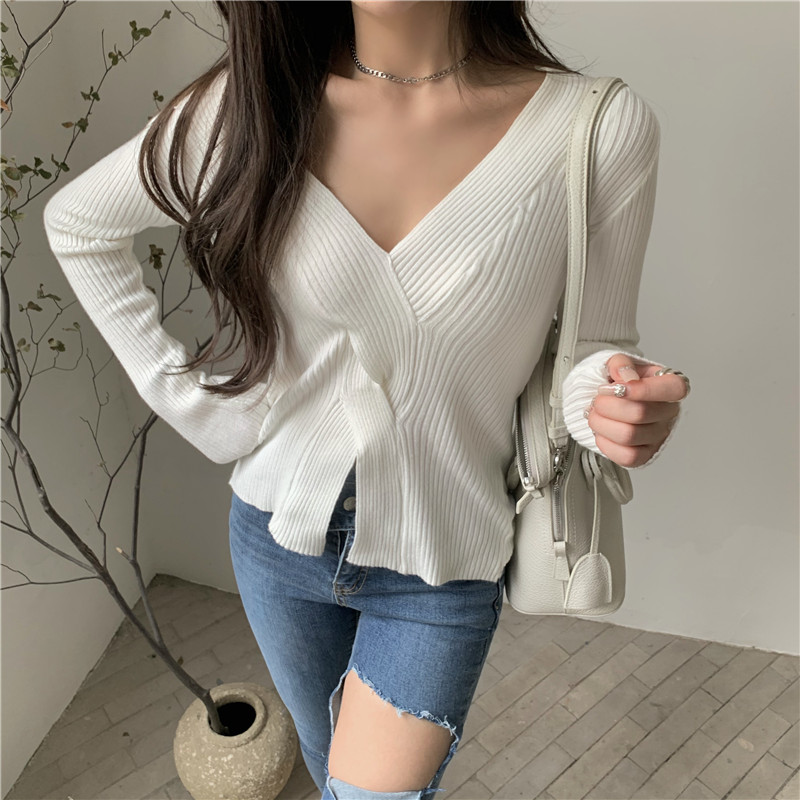 Real price solid color V-neck slim and soft jacquard sweater autumn new women