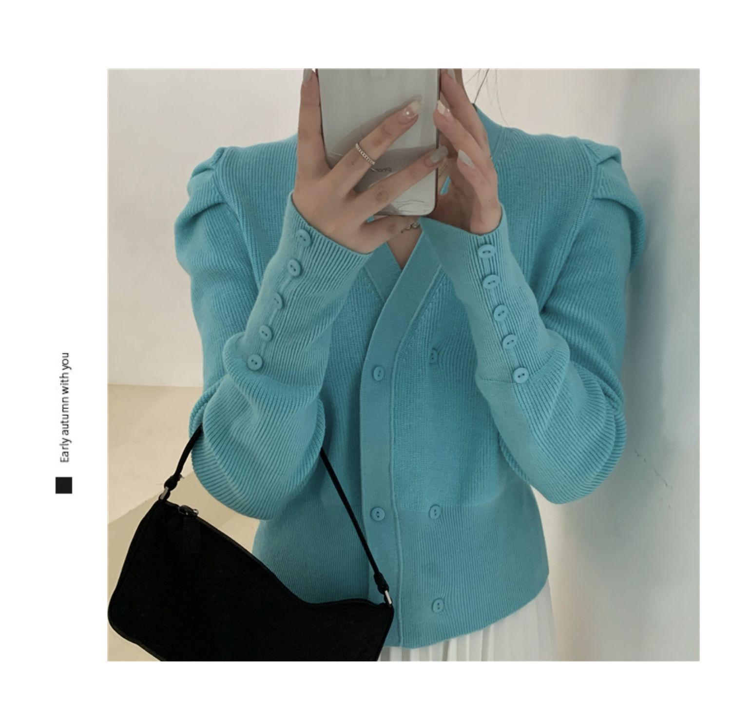 Real shot! French Style Bubble Sleeve T-Shirt cardigan women's new style slim sweater jacket