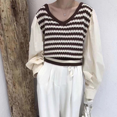 Europe station T-shirt women's early autumn collar black and white contrast fashion stitching bubble sleeve top