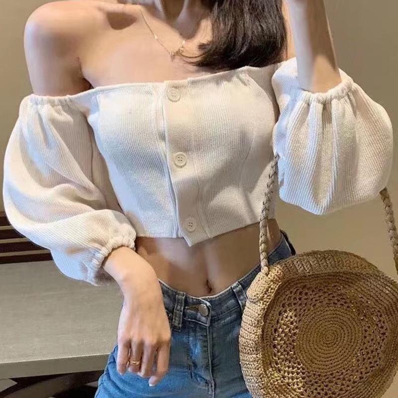 Sexy one neck off shoulder bubble summer fashion Xinji short open navel loose thin knitting top