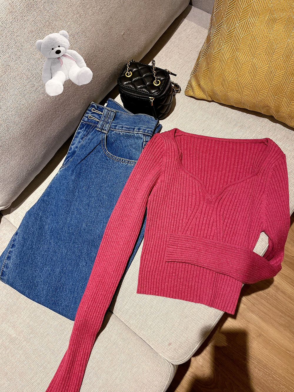 Knitted collar short high waisted long sleeve thin Pullover stretch pinhole knitwear