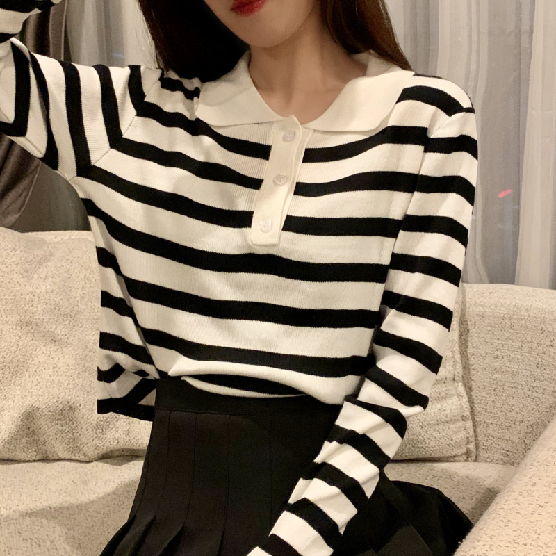 Real price Korean classic collar black and white striped versatile T-shirt net red T-shirt long sleeve