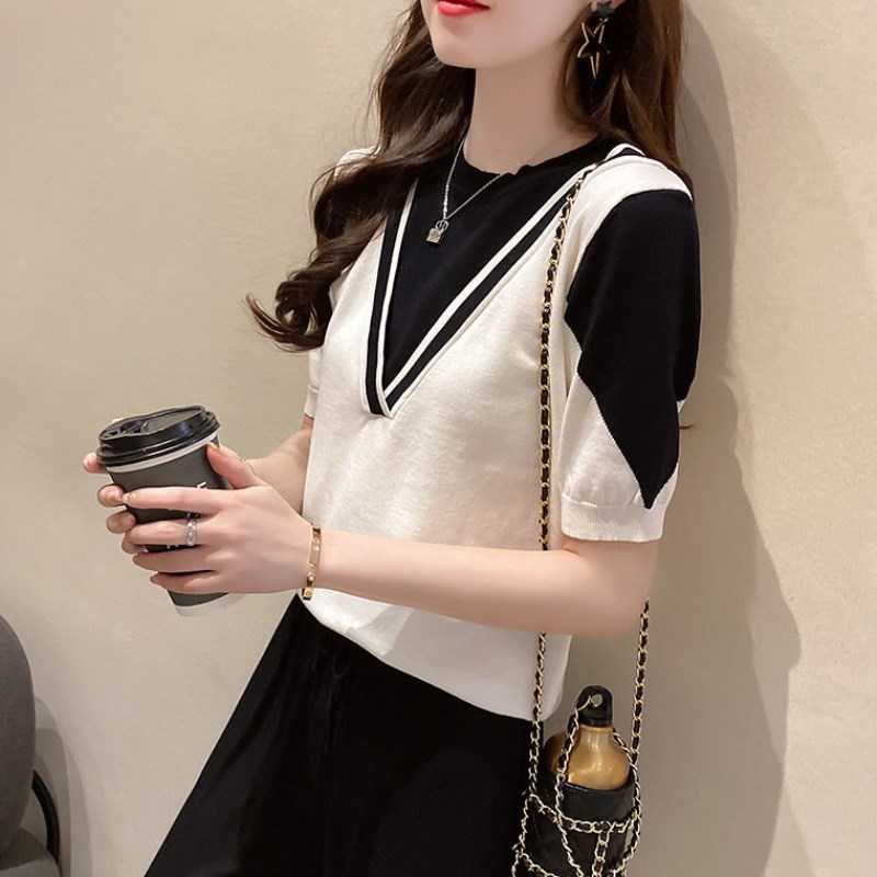 Short sleeve ice silk T-shirt summer vacation two round necks color contrast versatile cover belly show thin t-shirt female