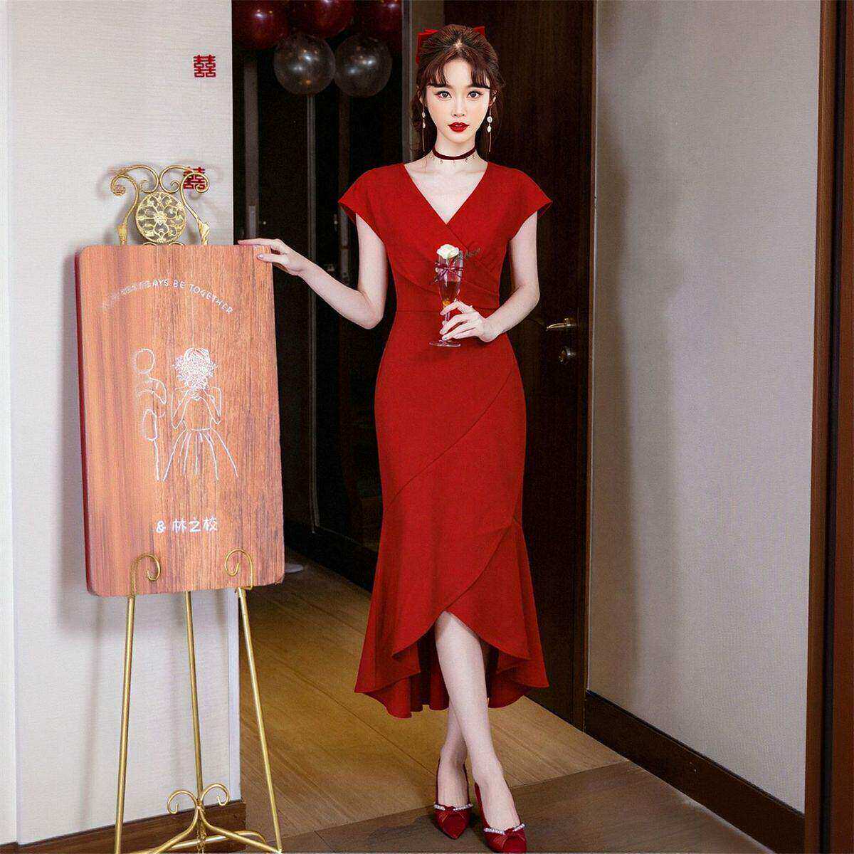 高级约会战袍红色连衣裙女2026夏气质出席重要场合订婚礼服鱼尾裙