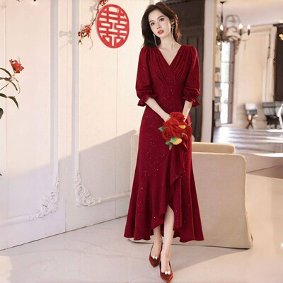 酒红新娘订婚敬酒回门礼服连衣裙