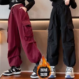 女童工装裤秋冬儿童加绒加厚一体绒裤子冬装大童爵士舞保暖休闲裤