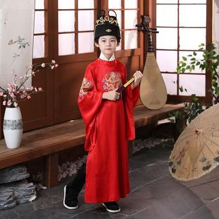 儿童明制汉服中国风皇帝太子服龙袍秦汉唐朝明朝圆领刺绣补服唐装